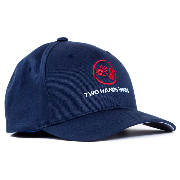 Navy blue cap with red and white logo and text on a white background
