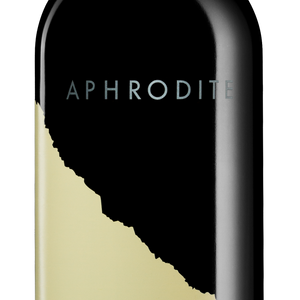 Aphrodite wine bottle with a black and gold label on a white background two hands wines cabernet sauvignon the flagship series