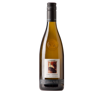 Wine bottle with a label on a white background two hands wines for love or money cane cut semillon