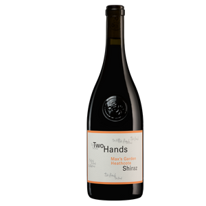Wine bottle labeled 'Two Hands' on a white background Max's Garden Heathcote Shiraz