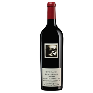 Red wine bottle with a black label on a white background Two Hands shiraz single vineyard series roenfeldt road marananga barossa valley